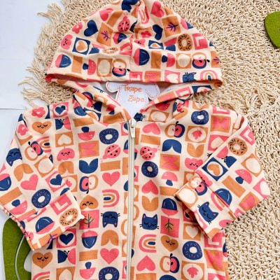  Inverno 2025 - Conj. Jaqueta com Capuz Gatinhas e Legging Corações - Areia e Azul Petróleo 